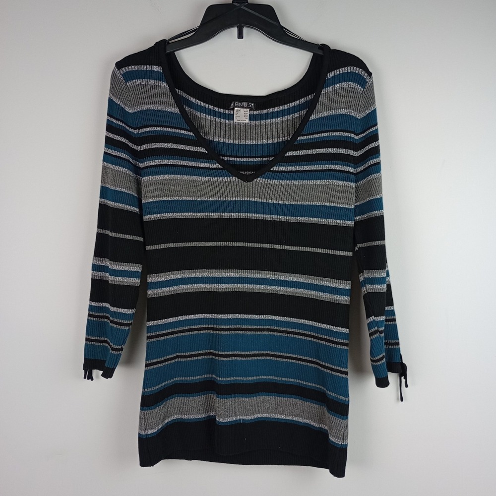 Venus Womens XL Multi Color Metallic Ribbed Knit Lace Up Sleeve Striped Sweater